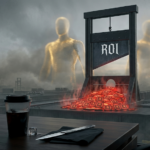 2026 AI ROI crisis visual showing a guillotine labeled ROI over Blackwell hardware in a foggy Incheon studio at dawn.