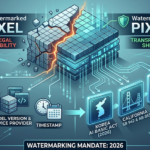 A detailed infographic contrasting "UNWatermarked PIXEL" with "Watermarked PIXEL" in the context of new AI regulations. The left side, under red warnings of "LEGAL LIABILITY," shows a fragmented cube and a hand facing a "CLASS-ACTION LAWSUIT" threat. The right side, protected by a green "TRANSPARENCY SHIELD," depicts a solid pixel cube integrated with "Cryptographic Signatures," "Model Version," "Timestamp," and "C2PA" standards. Data flows from the secure pixel into three pillars representing specific laws: "KOREA AI BASIC ACT (2026)," "CALIFORNIA SB 942 & AB 853," and "EU AI ACT (Article 50)." The overall theme is "Platform Immunity to Content Liability."