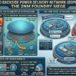 An infographic illustrating Backside Power Delivery Network (BSPDN) technology for 2nm chips. It contrasts front-side power delivery, showing "wiring congestion" and "performance choking," with BSPDN's separate "data-only front side" and "power-delivery back side," highlighting a 30%+ power efficiency jump. The graphic also depicts the "2nm Siege" on TSMC's "fortress" from the "back door" by Intel (PowerVia) and Samsung, along with a "TMA Fact Check 2026" on bonding, thermal management, and IP security challenges.