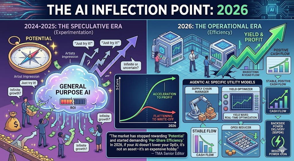 An infographic comparing speculative AI with operational AI in 2026 for ROI.