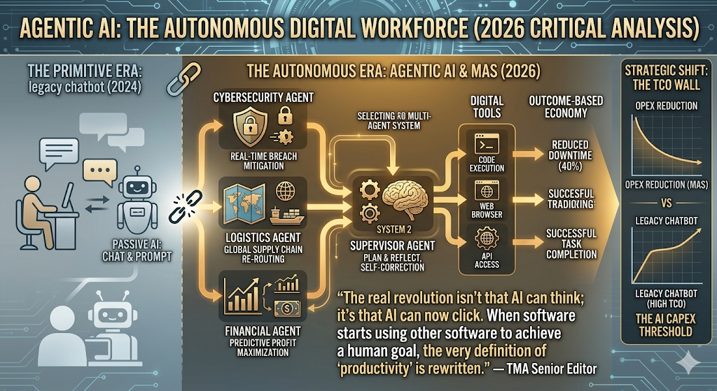 An infographic comparing passive AI from 2024 with autonomous agentic AI systems in 2026.