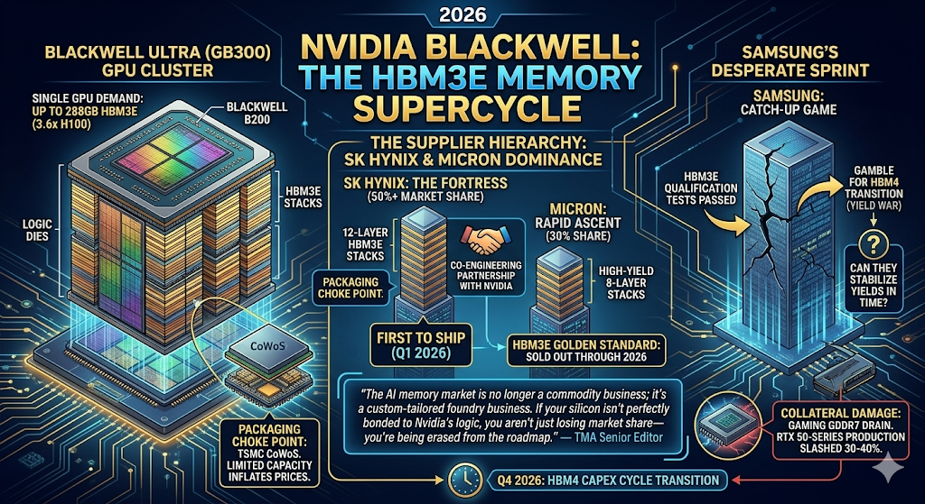 An infographic illustrating the HBM3E memory supply chain for NVIDIA Blackwell in 2026.