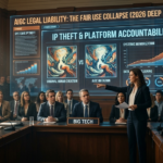 A cinematic image shows Big Tech executives under legal scrutiny for AIGC copyright infringement.