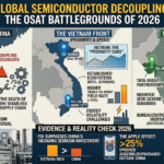 A detailed infographic showing the shift of semiconductor packaging from China to Vietnam and India by 2026 due to geopolitical factors.