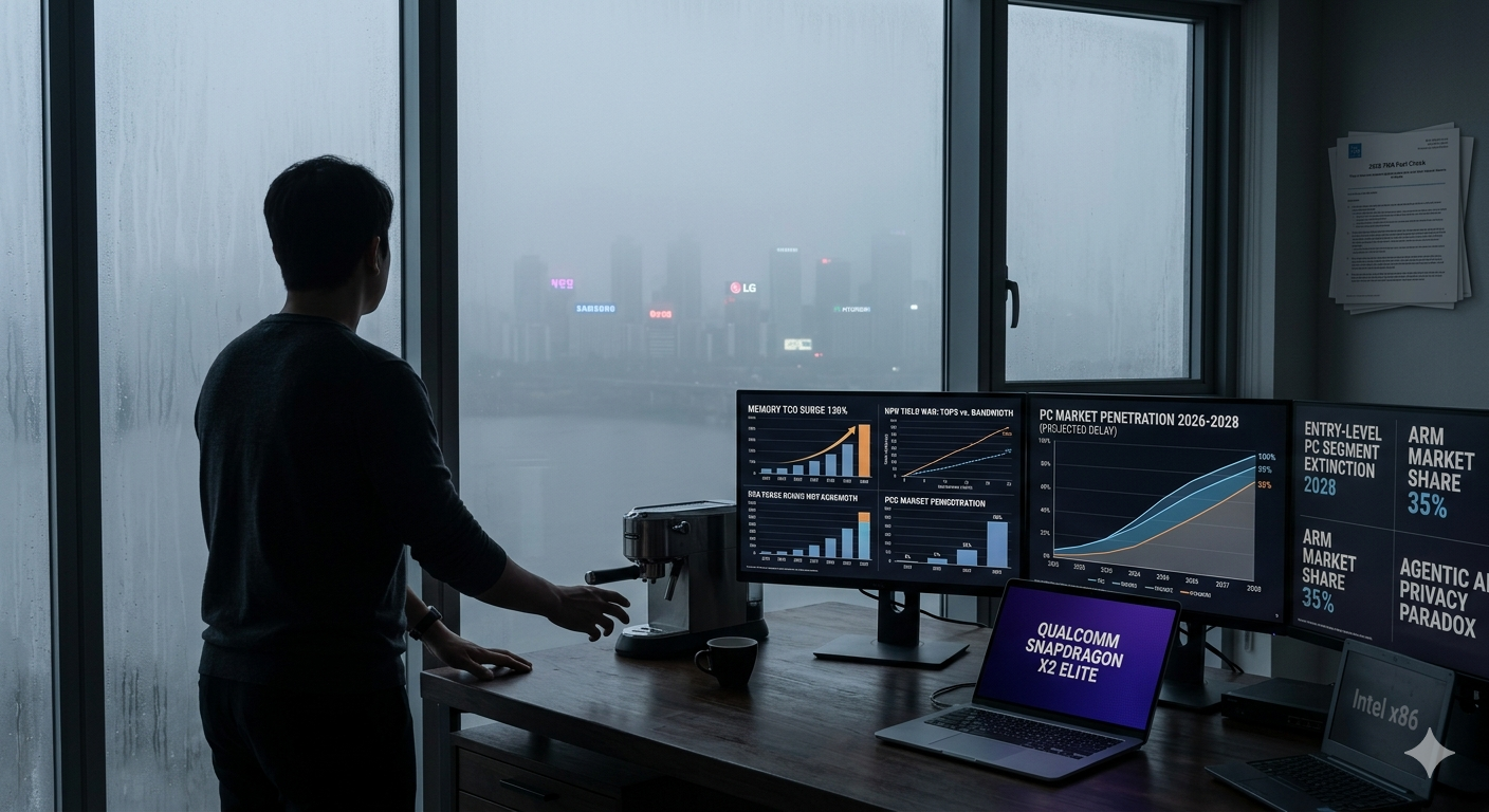 An analyst monitors 2026 AI PC market data in a foggy, high-tech Gimpo studio with Han River views.