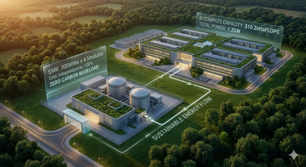 AI 데이터센터 단지 옆에 위치한 소형 모듈 원자로(SMR) 전경, 24시간 기저 부하 전력 공급 및 입지 제약 해소 시각화, 뉴스케일 파워 설계 반영