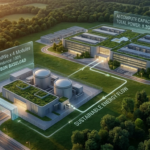 숲과 조화를 이루는 친환경 데이터센터 단지 옆에 위치한 콤팩트한 소형 모듈 원자로(SMR) 설계도 및 에너지 흐름을 시각화한 3D 전경