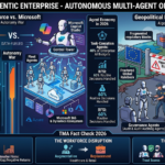 An infographic contrasting Salesforce and Microsoft's AI orchestration in 2026 against global governance and workforce disruption.