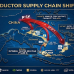 A map infographic showing the shifting semiconductor supply chain in Asia, indicating 'RISK' arrows originating from China and 'SHIFT' arrows targeting Vietnam (Hanoi, HCMC) and Malaysia (Penang, Kulim), with key tech company logos.