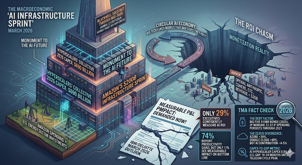 An infographic showing a massive AI data center 'monument' next to a wide 'ROI Chasm' with fiscal data.