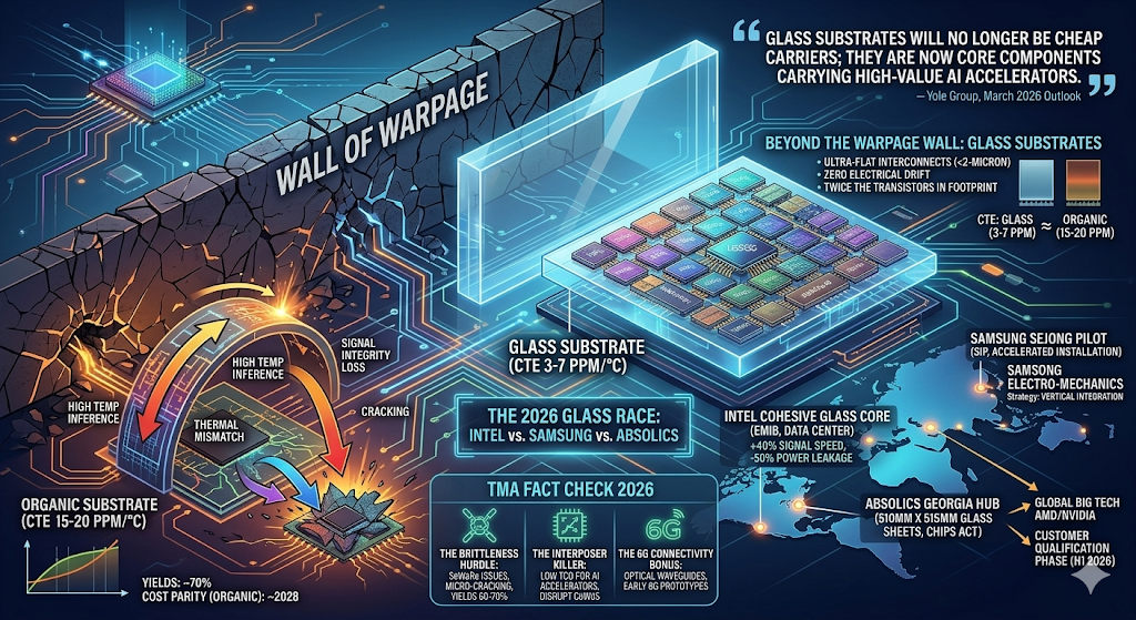 A complex infographic visualizing the shift from organic substrates (fractured Wall of Warpage) to glass (pristine Monument), mapping Intel, Samsung, and Absolics' production nodes, CTE data, and a TMA Fact Check on brittle yields and CoWoS disruption.