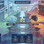 A complex infographic showing Big Tech navigating the geopolitical rift between EU AI Act mandates (7% fine, market exit) and US deregulation (Speed-First, unbridled compute) leading to a bifurcated architecture.