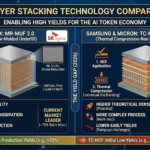Infographic comparing 2026 HBM4 16-layer stacking: SK Hynix’s high-yield MR-MUF vs Samsung/Micron’s TC-NCF yield gap.