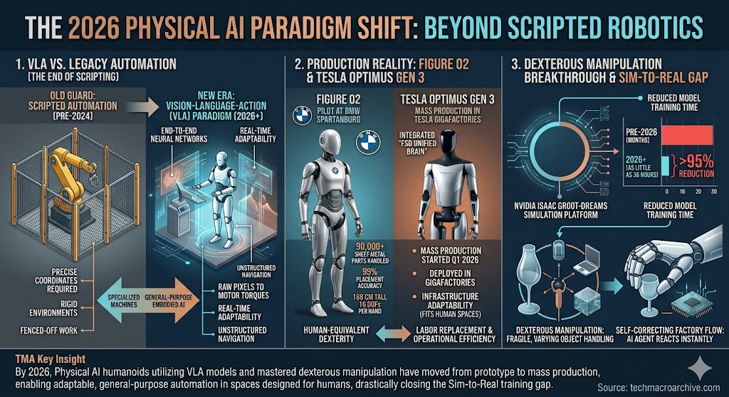Professional infographic contrasting scripted automation with Physical AI (VLA models), featuring Figure 02 and Tesla Optimus Gen 3 metrics, and the reduction in Sim-to-Real training time with NVIDIA Isaac GR00T.