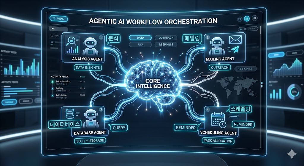 여러 개의 디지털 에이전트 아이콘이 톱니바퀴처럼 연결되어 복잡한 업무를 수행하는 추상적인 일러스트레이션