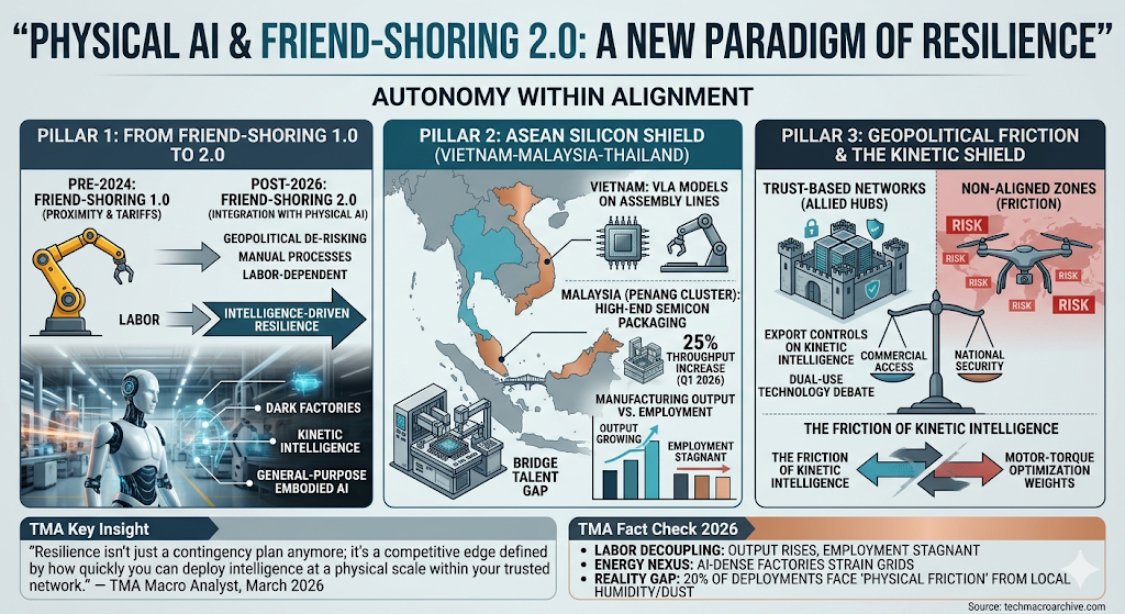 An infographic titled 'PHYSICAL AI & FRIEND-SHORING 2.0: A NEW PARADIGM OF RESILIENCE'. It features three sections: 'From Friend-shoring 1.0 to 2.0' (labor decoupling), 'ASEAN Silicon Shield (Vietnam-Malaysia-Thailand)' with a manufacturing output vs employment chart, and 'Geopolitical Friction & The Kinetic Shield' regarding export controls of robot intelligence.