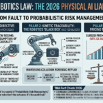 An infographic titled 'REWRITING ROBOTICS LAW: THE 2026 PHYSICAL AI LIABILITY REALITY'. It features three sections: 'EU AI Liability Directive: The Shield Shatters (March 2026)', 'Kinetic Traceability: The Robotics 'Black Box' (ISO 10218:2025)', and 'Insurance Crisis: Pricing the Non-Deterministic' with a surged premium chart and dynamic liability insurance concept.