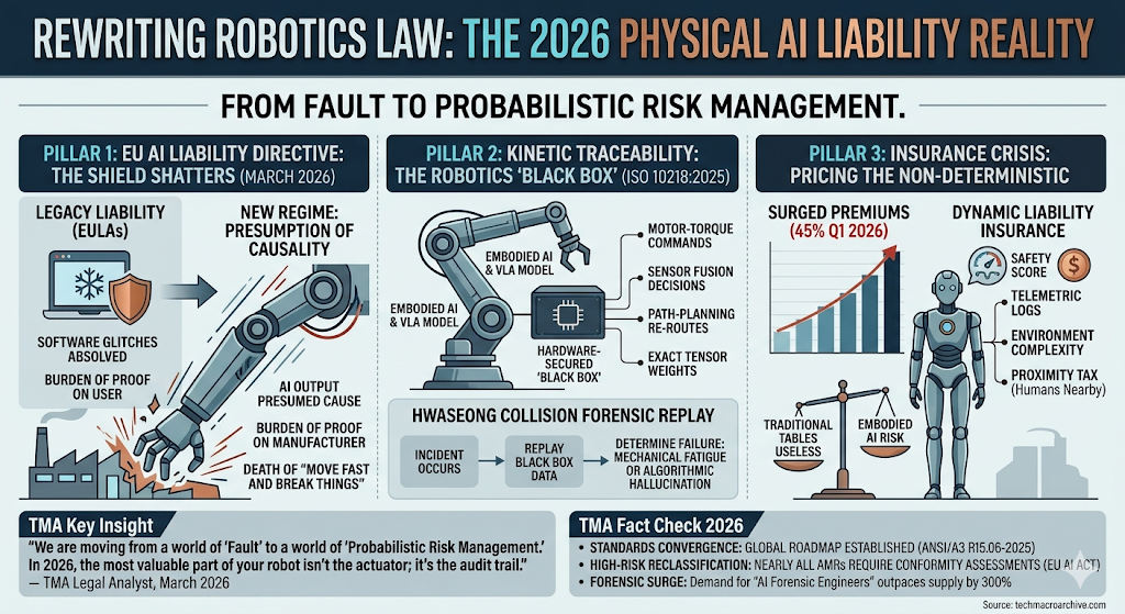 An infographic titled 'REWRITING ROBOTICS LAW: THE 2026 PHYSICAL AI LIABILITY REALITY'. It features three sections: 'EU AI Liability Directive: The Shield Shatters (March 2026)', 'Kinetic Traceability: The Robotics 'Black Box' (ISO 10218:2025)', and 'Insurance Crisis: Pricing the Non-Deterministic' with a surged premium chart and dynamic liability insurance concept.