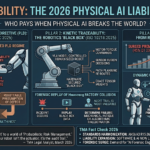 A professional infographic titled 'KINETIC LIABILITY: THE 2026 PHYSICAL AI LIABILITY REALITY'. It features three sections: 'EU Product Liability Directive (PLD): Shield Shatters (Dec 2026)', 'Kinetic Traceability: The Robotics 'Black Box' (ISO 10218:2025)', and 'Insurance Pivot: From Risk to Unit Economics' with premium data and safety metrics.