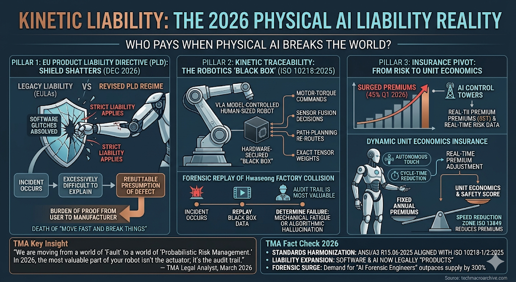 A professional infographic titled 'KINETIC LIABILITY: THE 2026 PHYSICAL AI LIABILITY REALITY'. It features three sections: 'EU Product Liability Directive (PLD): Shield Shatters (Dec 2026)', 'Kinetic Traceability: The Robotics 'Black Box' (ISO 10218:2025)', and 'Insurance Pivot: From Risk to Unit Economics' with premium data and safety metrics.