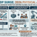 A professional infographic titled 'KINETIC GDP SURGE: 2026 PHYSICAL AI REALITY'. It features three sections: 'Global Economic Growth: Driven by Atoms & Total Factor Productivity (TFP)' with a 2.8% GDP forecast chart, 'Infrastructure Multiplier: The Great Shortage of Trades' comparing GPU compute to physical infrastructure labor, and 'K-Manufacturing: The Physical AI Pilot (South Korea)' detailing Figure 02 and Optimus Gen 3 precision assembly and Sim-to-Real training.