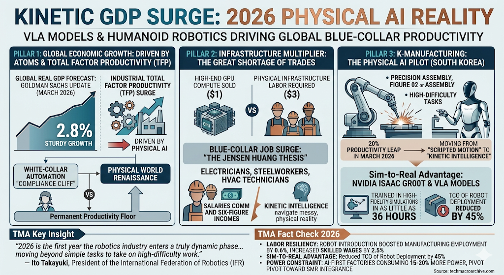A professional infographic titled 'KINETIC GDP SURGE: 2026 PHYSICAL AI REALITY'. It features three sections: 'Global Economic Growth: Driven by Atoms & Total Factor Productivity (TFP)' with a 2.8% GDP forecast chart, 'Infrastructure Multiplier: The Great Shortage of Trades' comparing GPU compute to physical infrastructure labor, and 'K-Manufacturing: The Physical AI Pilot (South Korea)' detailing Figure 02 and Optimus Gen 3 precision assembly and Sim-to-Real training.