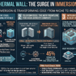 A professional infographic titled 'EDGE AI HITS THERMAL WALL: THE SURGE IN IMMERSION COOLING 2026'. It features three sections: 'The Thermal Wall at the Edge' with a $931 million revenue chart and pPUE statistic, 'Telecom Edge: The New Frontline' with a 45% demand graphic, and 'Integrated Thermal Intelligence & Heat Recovery' detailing sensor-embedded loops and local heating integration.