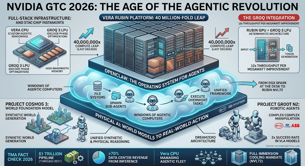A high-tech infographic of NVIDIA GTC 2026 showing the Vera Rubin platform, 40M-fold compute leap, Groq 3 LPU integration, and OpenClaw OS for AI agents. Features robotic models GR00T N2 and Cosmos 3 world models. Professional blue and neon digital style with TMA branding.