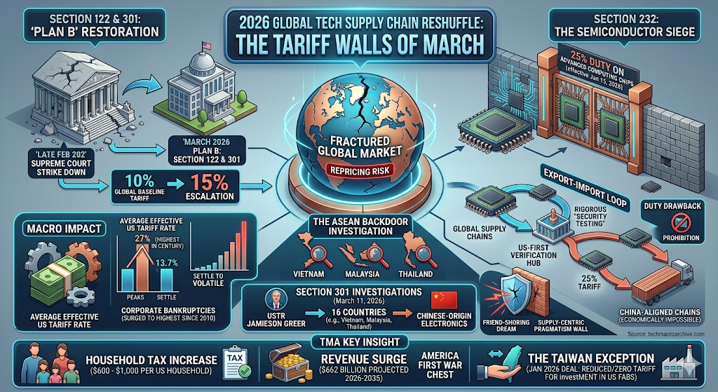A professional infographic illustrating the 2026 U.S. tariff landscape. It features a "Section 232 Semiconductor Siege" with a 25% duty on AI chips, a "Section 122 Plan B" showing a 10% global baseline tariff, and a Section 301 investigation into ASEAN "backdoor" nations like Vietnam and Malaysia. The visual uses a deep blue and copper orange palette with red accents on risk zones.