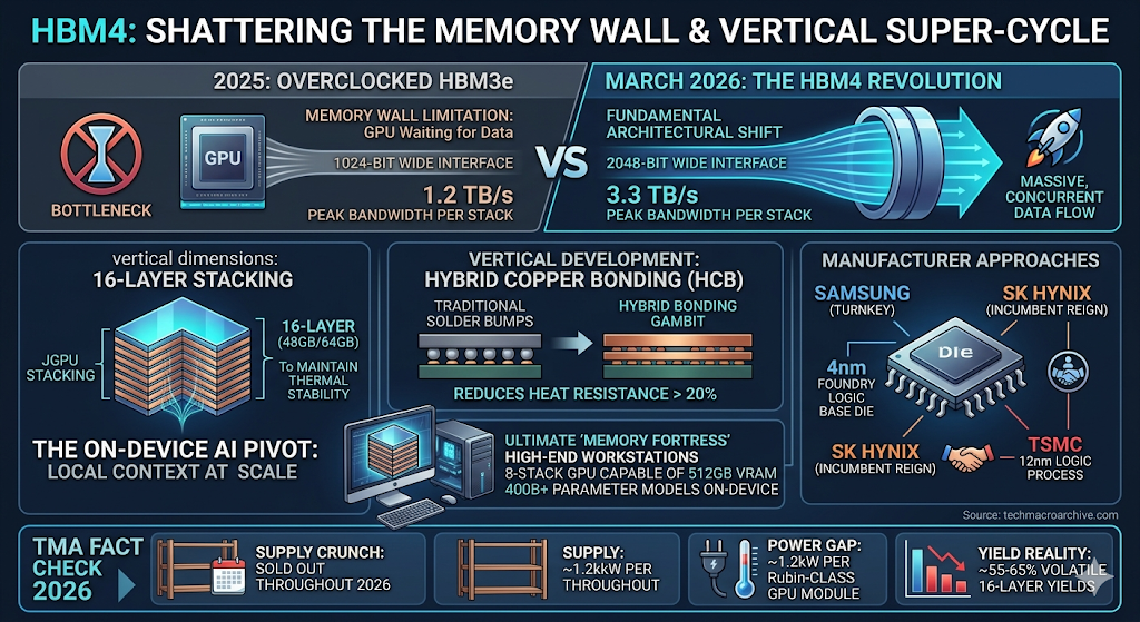 A technical infographic comparing HBM3e and HBM4. It details HBM4's 2048-bit interface, 3.3 TB/s bandwidth, 16-layer stacking, and Hybrid Copper Bonding (HCB). Diagrams show Samsung's turnkey method and SK Hynix's logic process. A final panel shows HBM4 workstations and a 'TMA Fact Check 2026' on supply shortages. Professional blue and orange digital style with TMA branding.