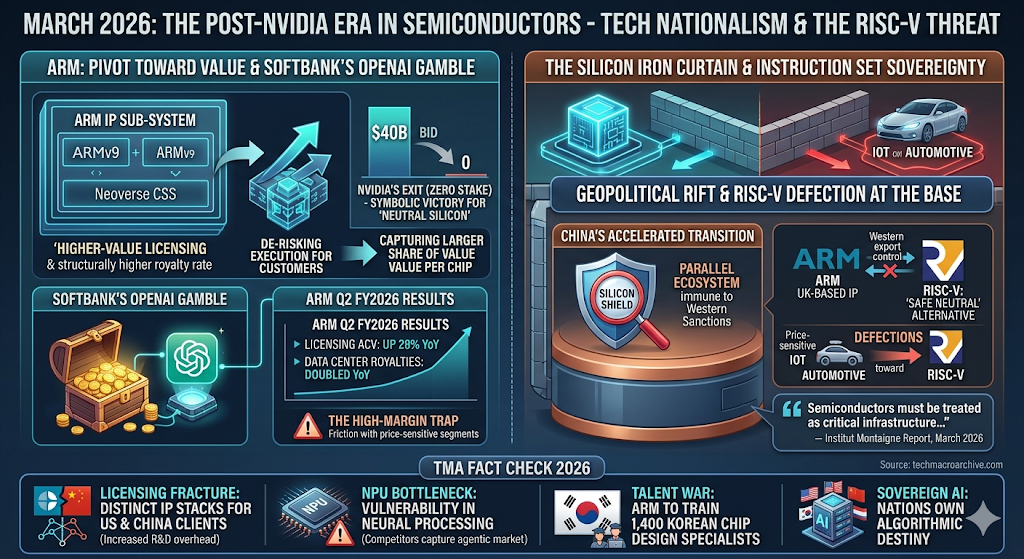 A professional data-driven infographic illustration rendered in a modern digital style with 3D elements, visualizing the shift in the global semiconductor landscape in March 2026. NVIDIA's total exit from ARM signals a new era of tech nationalism, with ARMv9, Sovereign AI, and the RISC-V threat redrawing the supply chain. The visual uses a primary color palette of futuristic neon blue, cyan, deep blue, grey, and copper orange, with red accents highlighting risk zones.