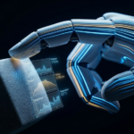 정밀한 촉각 센서가 통합된 로봇 손이 부드럽게 다양한 형태의 물체(부품, 과일, 섬세한 유리잔)를 집어 올리는 모습을 클로즈업한 이미지. 로봇 손 주변으로 인지 및 제어 데이터 흐름을 시각화한 홀로그램 그래픽이 어우러져 있음. FT 스타일의 고급스러운 색감과 심도 깊은 구성.