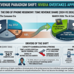 A modern professional infographic titled 'TSMC Client Revenue Paradigm Shift: Nvidia Overtakes Apple (March 2026)'. It features a comparative 3D chart showing Nvidia capturing an estimated 20% of TSMC's revenue by March 2026, surpassing Apple's shrinking share (15-18%). The visual highlights the shift from consumer-first to AI compute-first hegemony, driven by agentic AI breakthroughs and Nvidia's high-margin products like Blackwell Ultra GPUs. It includes data on pricing cannibalization and product stagnation.