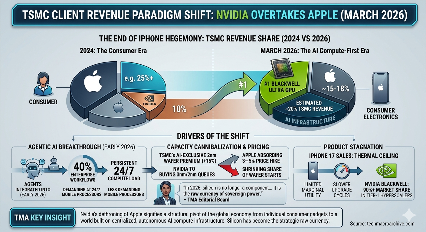 A modern professional infographic titled 'TSMC Client Revenue Paradigm Shift: Nvidia Overtakes Apple (March 2026)'. It features a comparative 3D chart showing Nvidia capturing an estimated 20% of TSMC's revenue by March 2026, surpassing Apple's shrinking share (15-18%). The visual highlights the shift from consumer-first to AI compute-first hegemony, driven by agentic AI breakthroughs and Nvidia's high-margin products like Blackwell Ultra GPUs. It includes data on pricing cannibalization and product stagnation.