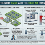 Professional data-driven infographic titled "Beyond the Grid: SMRs and the High-NA Physics Wall." Left side analyzes "The SMR Gold Rush - Big Tech's Nuclear Pivot" with a bar chart showing AI power demand over 1000 TWh and SMR campus integration for Energy Autonomy. Right side analyzes "The High-NA Yield Wall - A $400M Lesson in Physics" showing Intel's yield crisis (