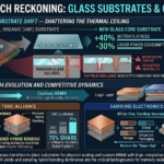 Detailed 2026 hard-tech infographic illustrating the shift to glass substrates for chip packaging (warping solutions, TGV yield challenges) and the rise of custom HBM4 memory (SK Hynix-TSMC logic logic integration vs. Samsung's all-in-one turnkey service).