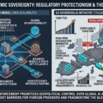 An analytical infographic comparing the open US Global Compute Model with the restricted, fragmented EU Sovereign AI Initiative under the 2026 AI Act. It highlights rising compliance costs, high TCO, and digital borders in Europe against scalable American technology.
