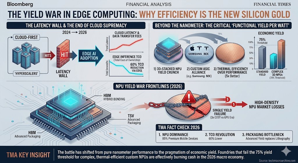 A complex financial infographic analyzing the 2026 Edge Computing Yield War. It features charts comparing cloud latency with edge TCO, visualizes 3D-stacked NPU complexity and yield failures, and summarizes how economic yield per watt determines commercial success in the AI ASIC market.