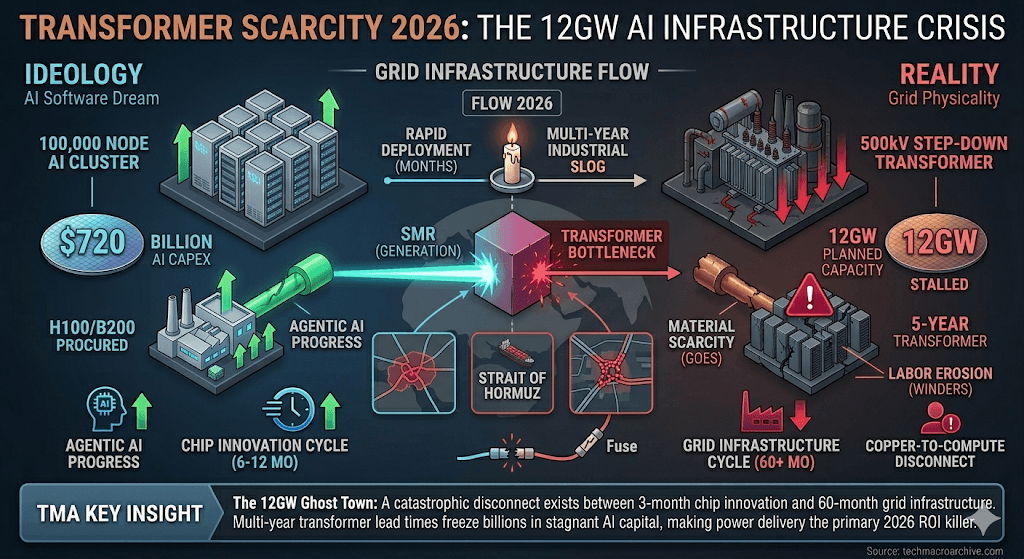 A professional 3D infographic summarizing the 2026 AI infrastructure crisis. It compares the rapid chip innovation cycle with the slow grid infrastructure cycle, highlighting the 12GW capacity stalled by a 5-year transformer lead time. Red highlights emphasize critical risks like GOES scarcity and copper disconnect. Rows of empty server racks in a dark data center symbolizing the 2026 AI power distribution crisis and transformer scarcity.