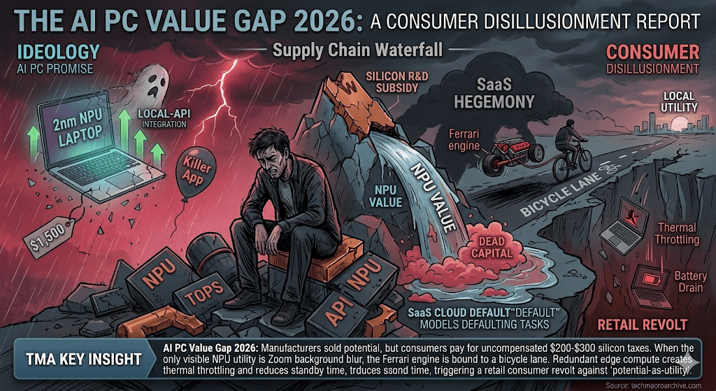 A frustrated user looking at an expensive 2026 AI laptop, illustrating the AI PC Value Gap 2026.
