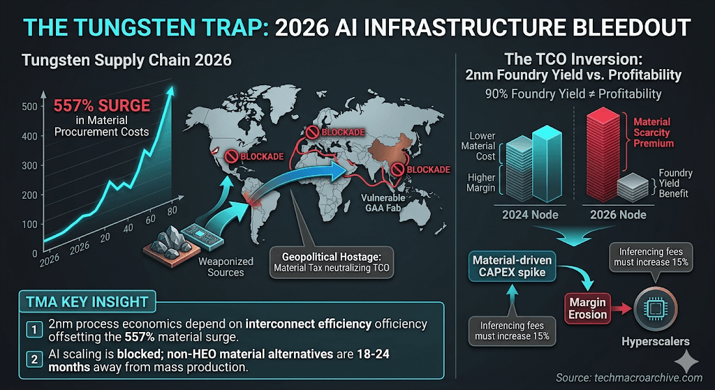 Infographic showing the correlation between 2026 Tungsten prices and 2nm AI chip manufacturing TCO.
