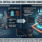 An infographic comparing the current TSMC semiconductor packaging yield with the projected yield in 2026, highlighting the shortage of Helium and Tungsten gases as a key risk factor. Incorporates a line chart and visual representations of gas molecules. Source: techmacroarchive.com)