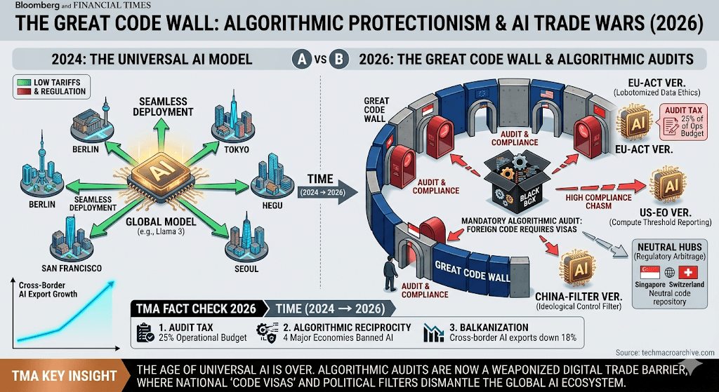 A complex financial infographic titled "THE GREAT CODE WALL: ALGORITHMIC PROTECTIONISM & AI TRADE WARS (2026)." It uses 3D elements to compare the open "UNIVERSAL MODEL" of 2024 with the "GREAT CODE WALL" of 2026, where national "VISAS" (audits) fragment a global AI model into regional versions, causing cross-border AI exports to fall by 18%.