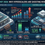 A professional 3D data visualization comparing General-Purpose GPUs (NVIDIA) and Custom AI ASICs (Hyperscalers) in 2026. Charts show 44.6% ASIC growth vs 16.1% GPU growth, highlighting the TCO wall and the strategic shift towards power-efficient, specific silicon like Google TPU and Meta MTIA, optimized for TSMC's 3nm/2nm yields.