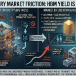 A professional 3D infographic analyzing the 2026 HBM4 yield crisis. It compares SK Hynix's 70-75% yield advantage via MR-MUF tech against Samsung's 50% yield friction. Features charts showing the 'Hardware Inflation Cycle' where declining yields lead to increased costs per FLOP, potentially cooling the AI ROI narrative. Source: techmacroarchive.com