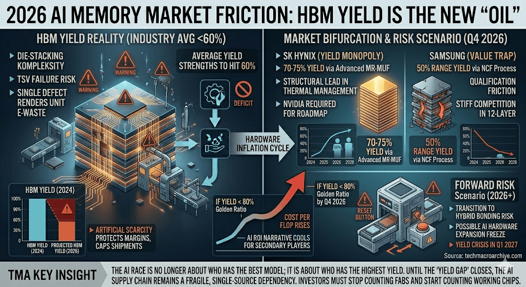 Cross-section diagram of a 12-layer HBM stack showing TSV defects and yield loss friction points.