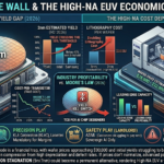 An infographic analyzing the 2026 semiconductor landscape, comparing 2nm foundry yields for TSMC, Intel, and Samsung, the cost shock of High-NA EUV, and the end of Moore’s Law economics.