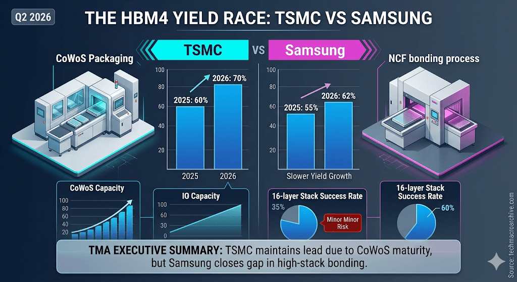 A vertical infographic comparing HBM4 yields. Left: TSMC CoWoS with 70% yield. Right: Samsung NCF with 62% yield. Includes graphs and Summary.