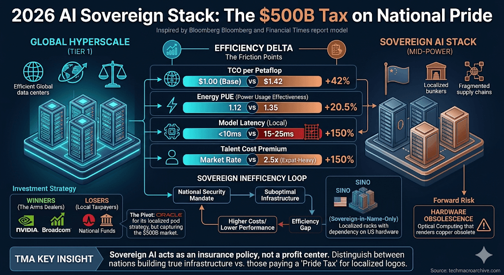 An infographic comparing 'Global Hyperscale' and 'Sovereign AI Stack' in 2026, showing a 42% TCO penalty for digital autonomy, alongside efficiency gaps in energy PUE, model latency, and talent costs, and an 'Investment Strategy' chart.