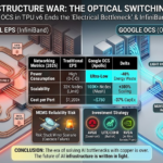 "Infographic comparing Traditional EPS (InfiniBand) vs. Google OCS (Apollo) in 2026 AI infrastructure. It shows OCS reducing energy waste by 40% and increasing scalability to 100K+ nodes, while highlighting the 'Electrical Bottleneck' of current systems."